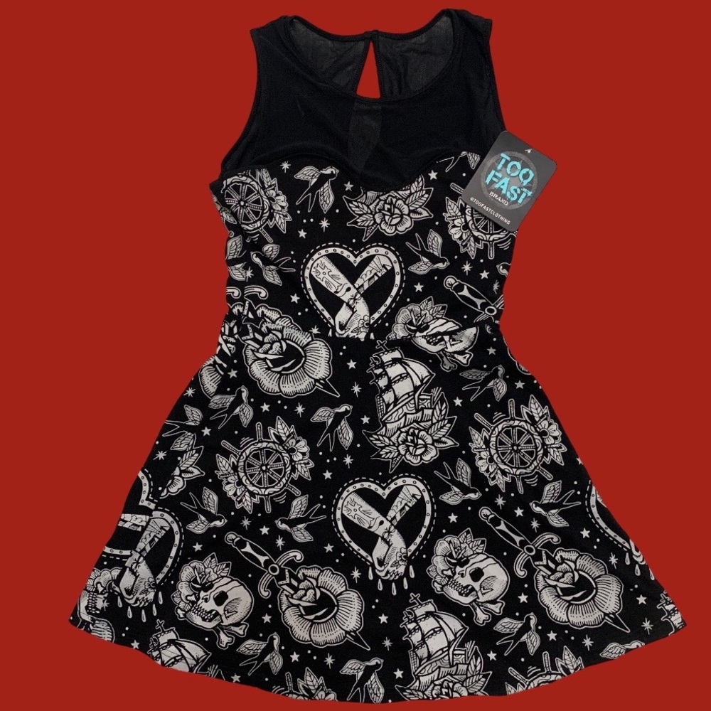 TOO FAST Tattoo Love Skater Dress Heart Mesh Neckline Retro Nautical Skull NWT
